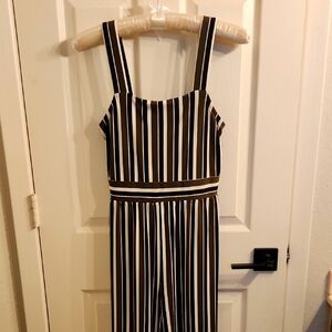 Express Black, Green and White Striped Cropped Jumpsuit with Wide Straps